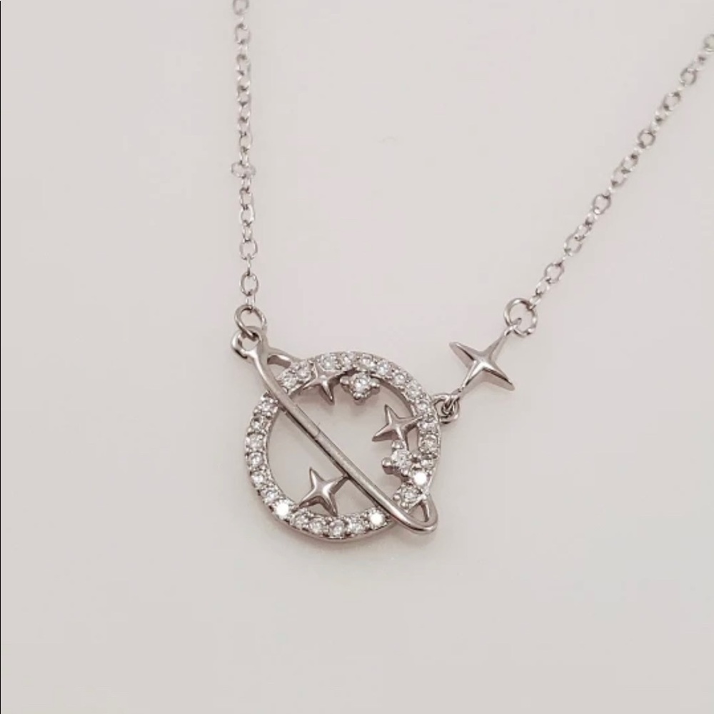 New 925 Sterling Silver Simple Diamond Planet Pendant Necklace